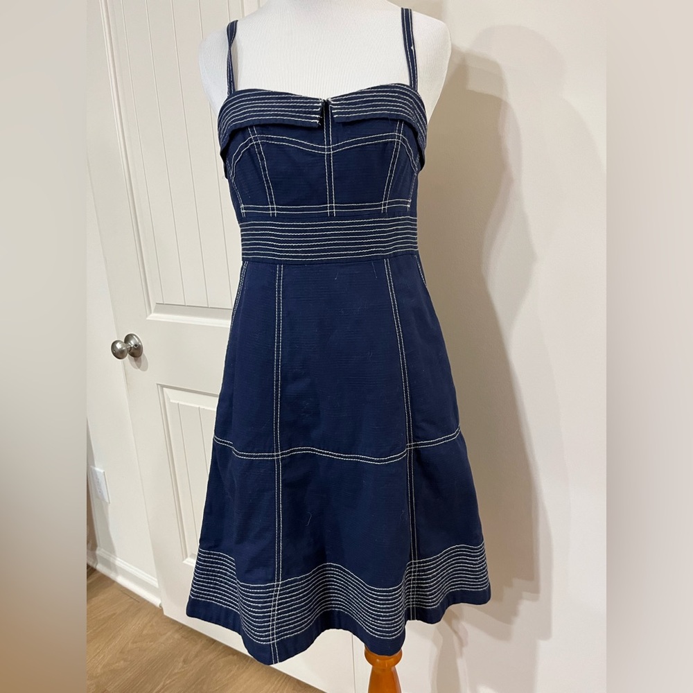 Maeve Navy Strapless A-Line Dress with White Stitching